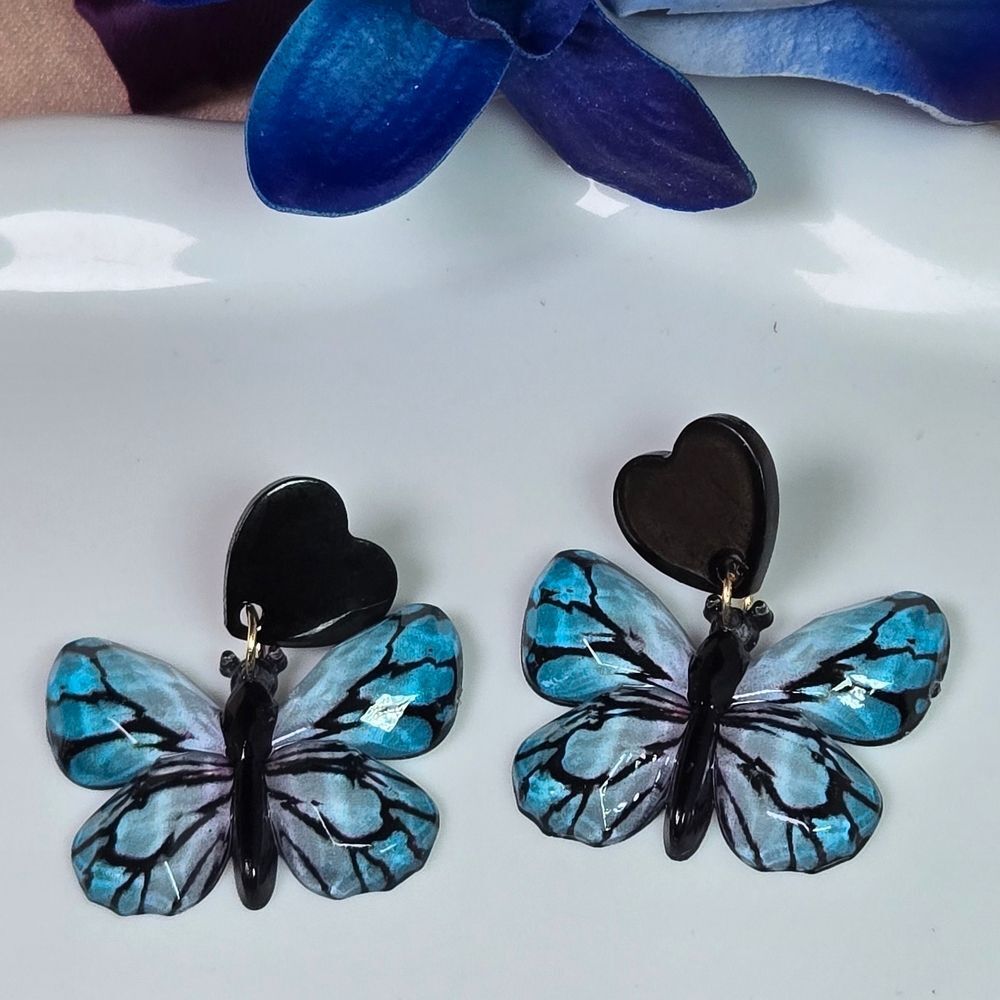 Blue Pastel Ombre Butterfly Earrings Black Heart Dangle Acrylic Fairycore Stud